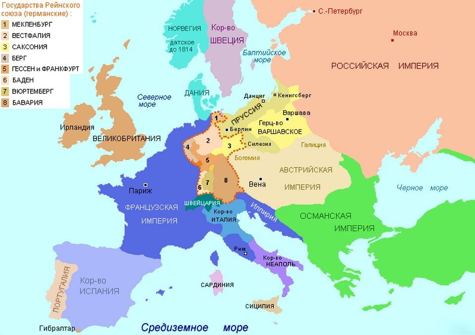 Карта Европы и России 1812-1814 годов.