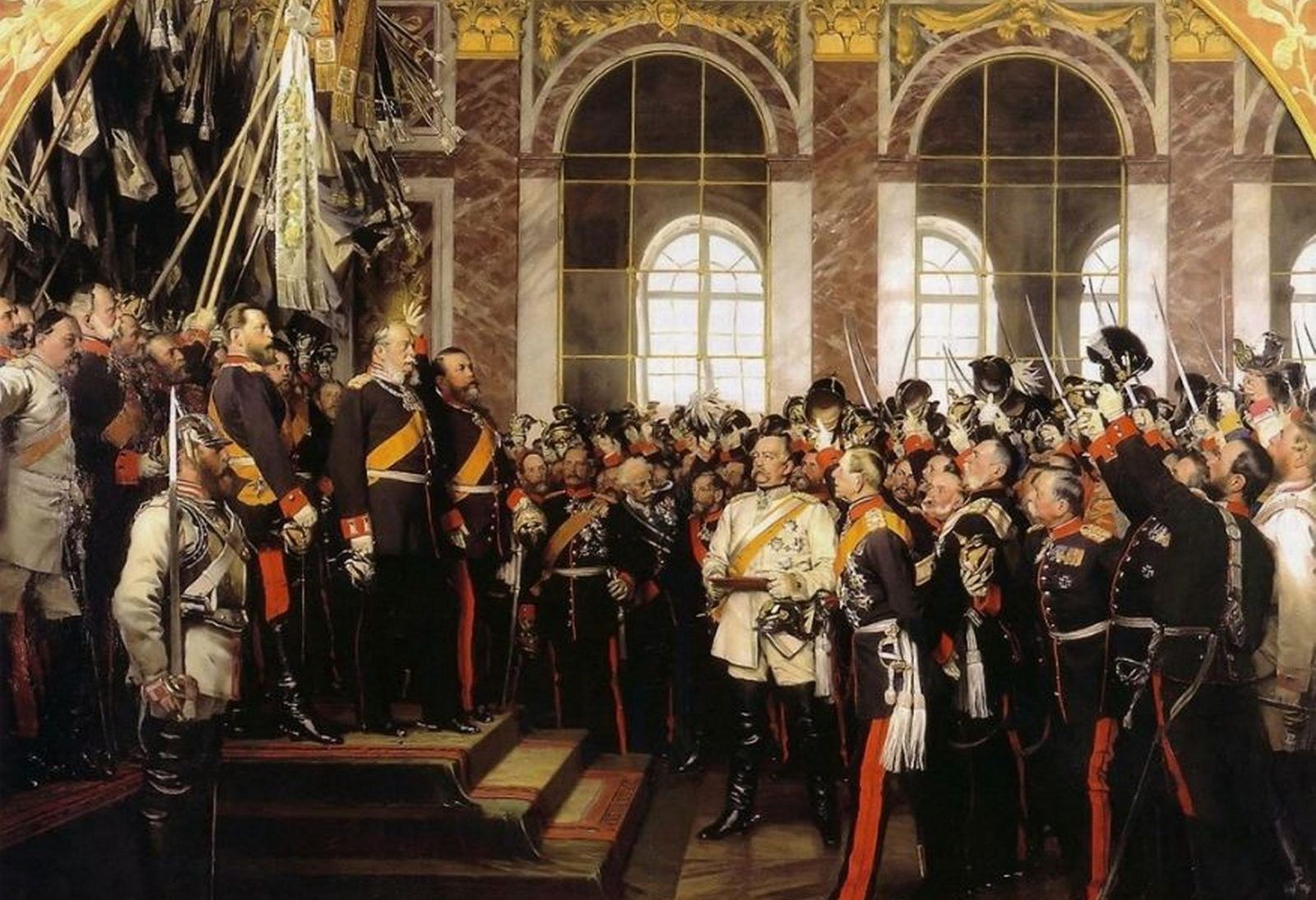 Кайзер Вильгельм I и Отто фон Бисмарк на картине "Провозглашение Германской империи в Версале, 1871 г." художника Александра фон Вернера, 1885 год.