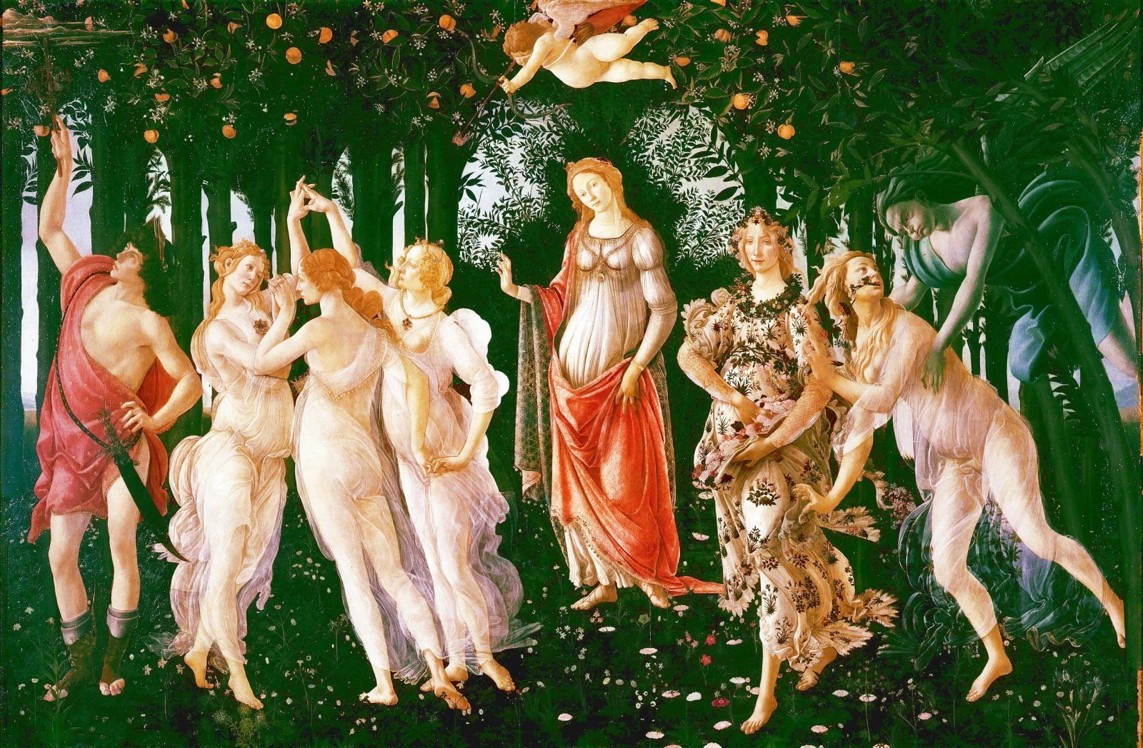 «Весна» (Primavera, 1482 г.) — самое известное и самое загадочное произведение Боттичелли. Картина вместе с «Палладой и кентавром» (1482-1483) Боттичелли и «Мадонной с Младенцем» неизвестного автора предназначалась для украшения флорентийского дворца Лоренцо ди Пьерфранческо де Медичи, или Лоренцо Пополано, кузена Лоренцо Великолепного. На создание полотна живописца вдохновил, в частности, фрагмент из поэмы Лукреция «О природе вещей»…